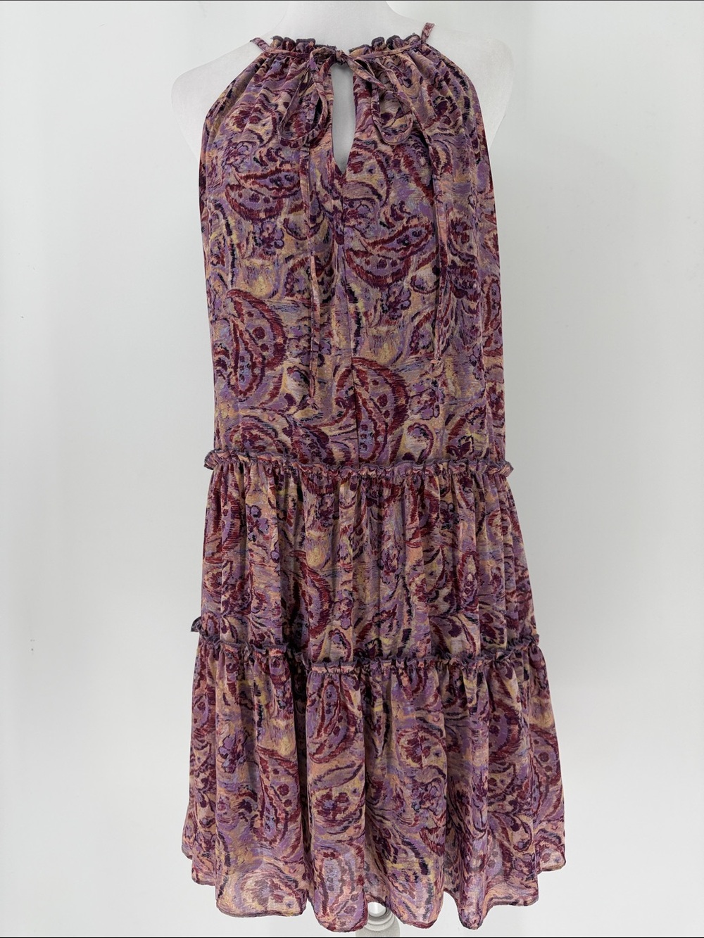 Drew Paisley Tiered Halter Dress Size S Purple Boho Sleeveless